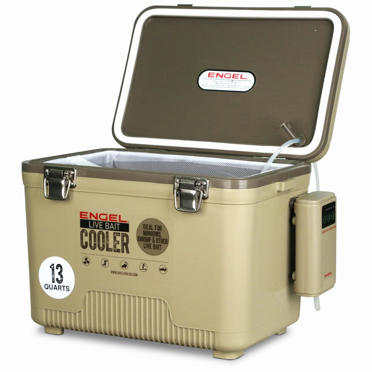 Engel 13 Quart Live Bait Pro Cooler with AP3 Rechargeable Aerator & Stainless Hardware