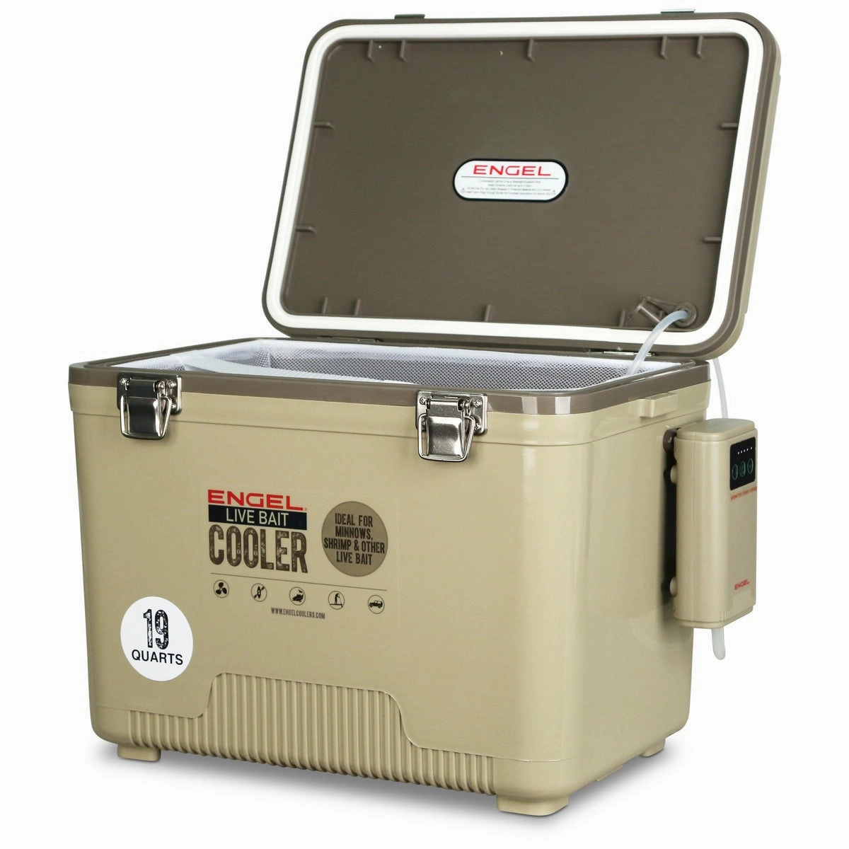 Engel 19 Quart Live Bait Pro Cooler with AP3 Rechargeable Aerator & Stainless Hardware