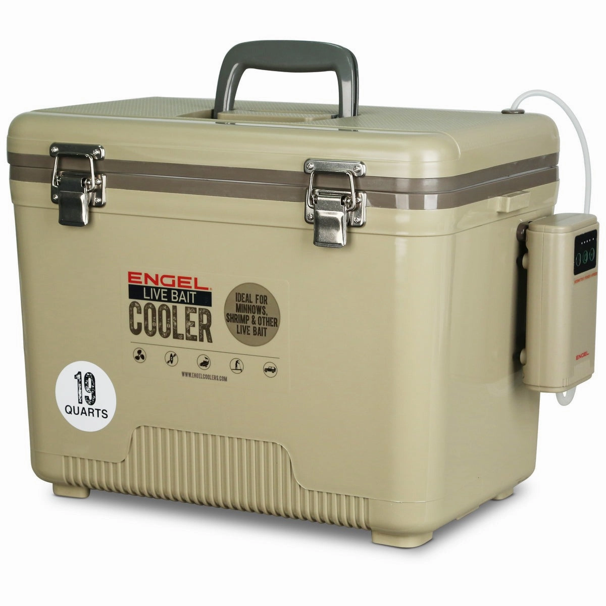 Engel 19 Quart Live Bait Pro Cooler with AP3 Rechargeable Aerator & Stainless Hardware