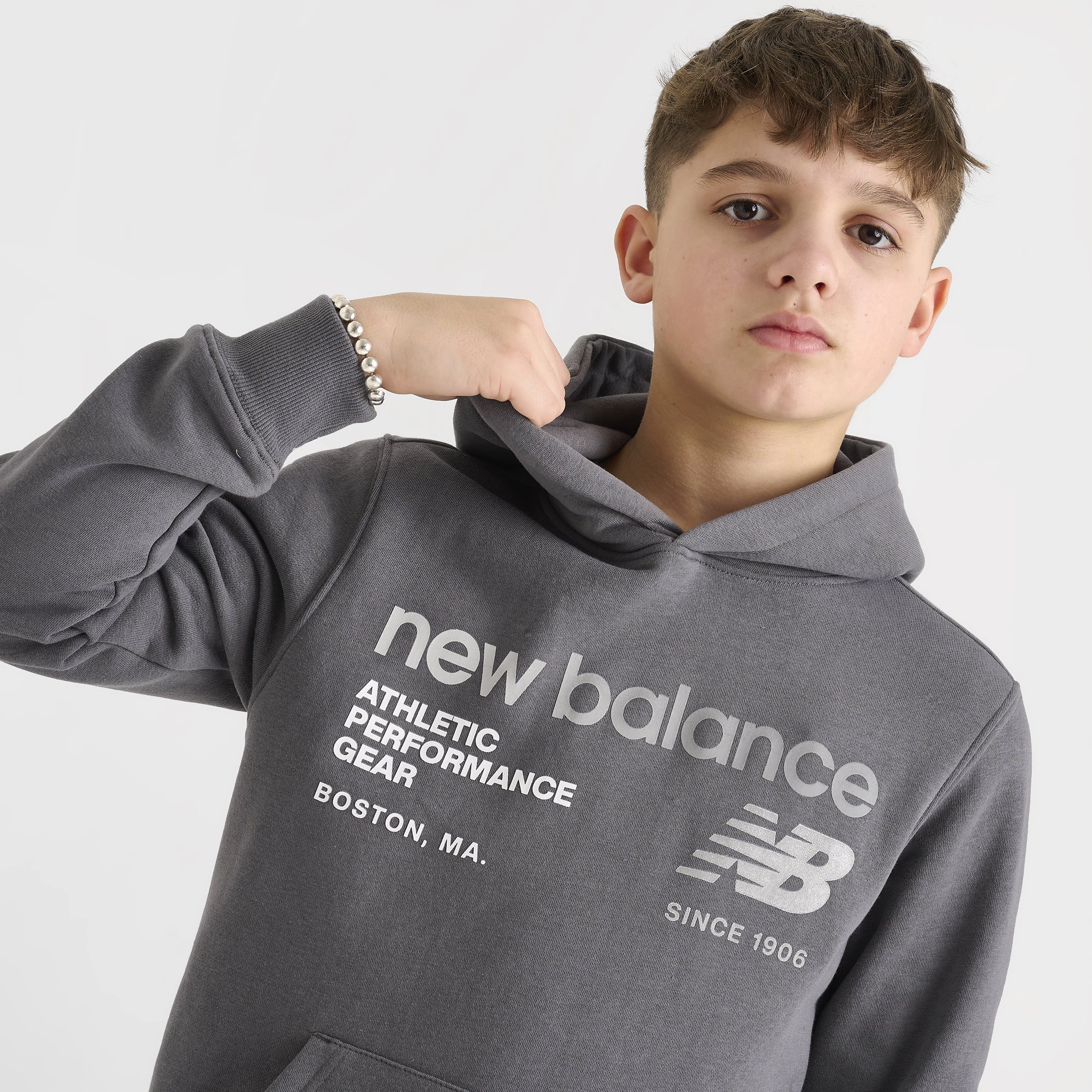 New Balance Junior Boys' Linear Logo Pullover Hoodie / Castle Rock