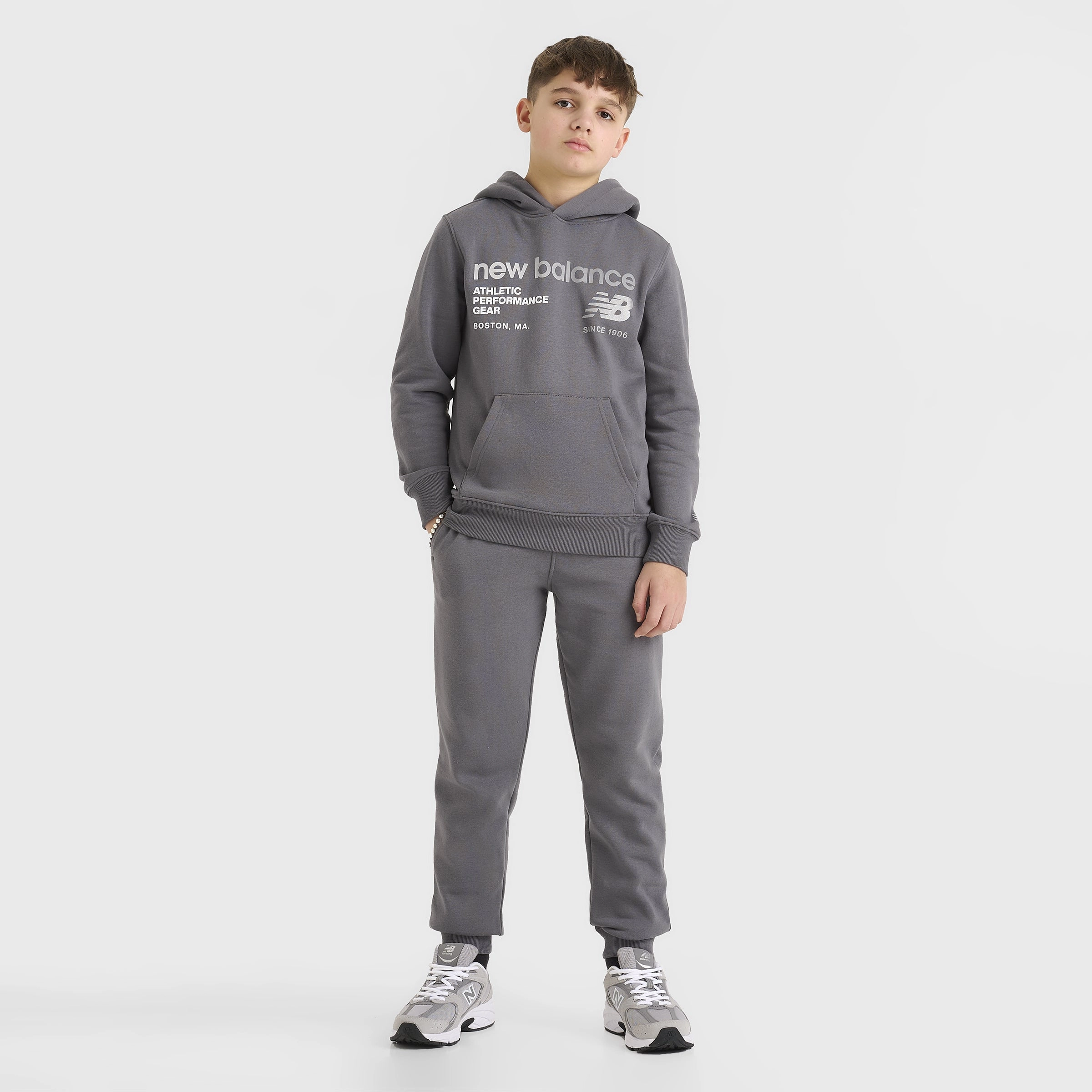 New Balance Junior Boys' Linear Logo Pullover Hoodie / Castle Rock