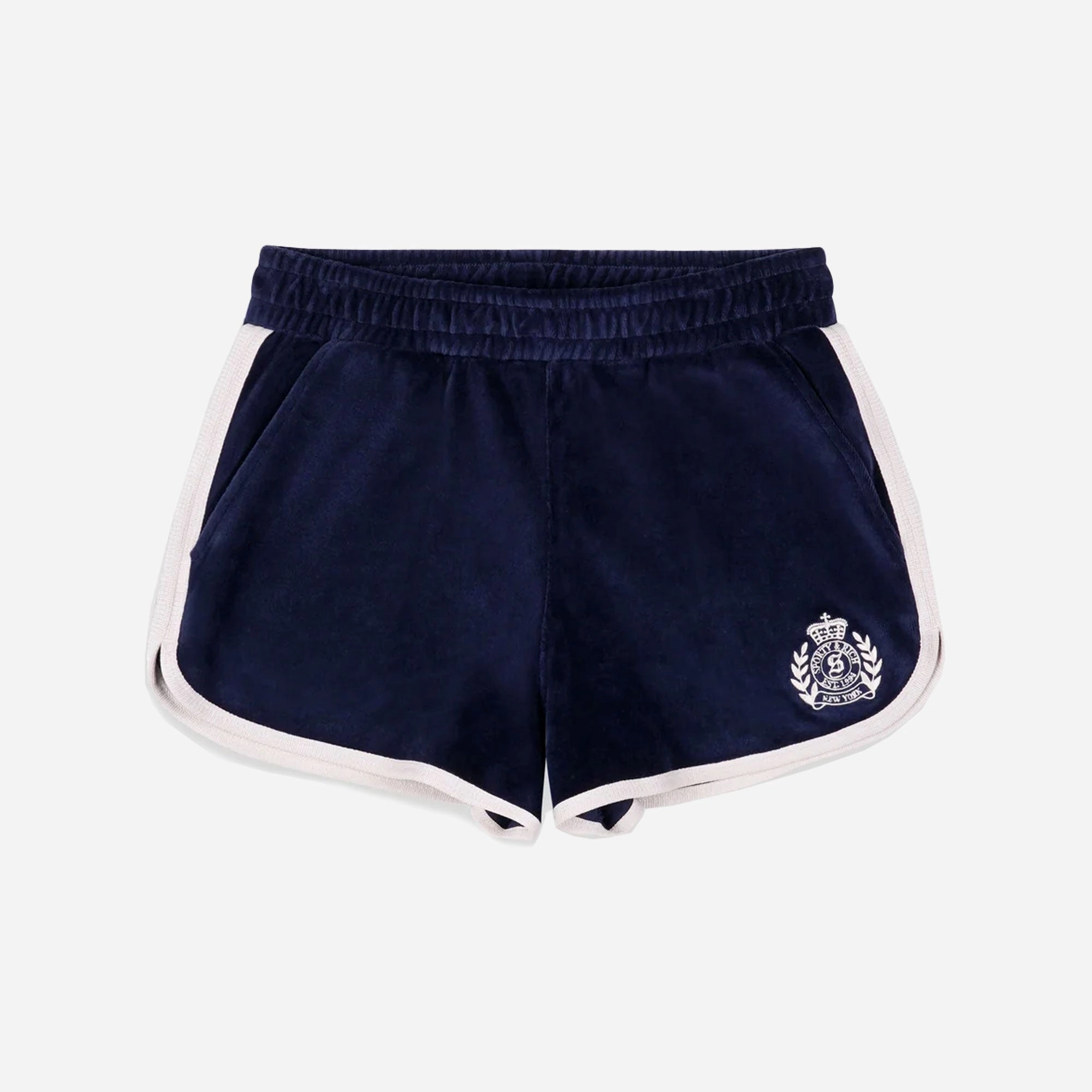 SPORTY & RICH | NY CREST VELOUR SHORT { NAVY/CREAM