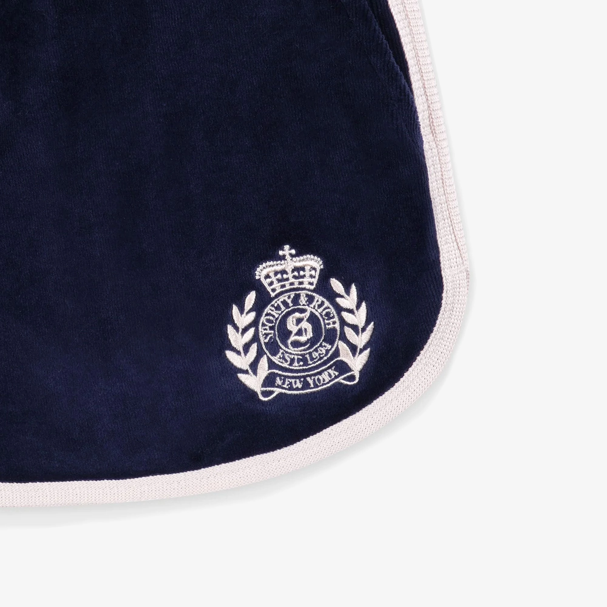 SPORTY & RICH | NY CREST VELOUR SHORT { NAVY/CREAM