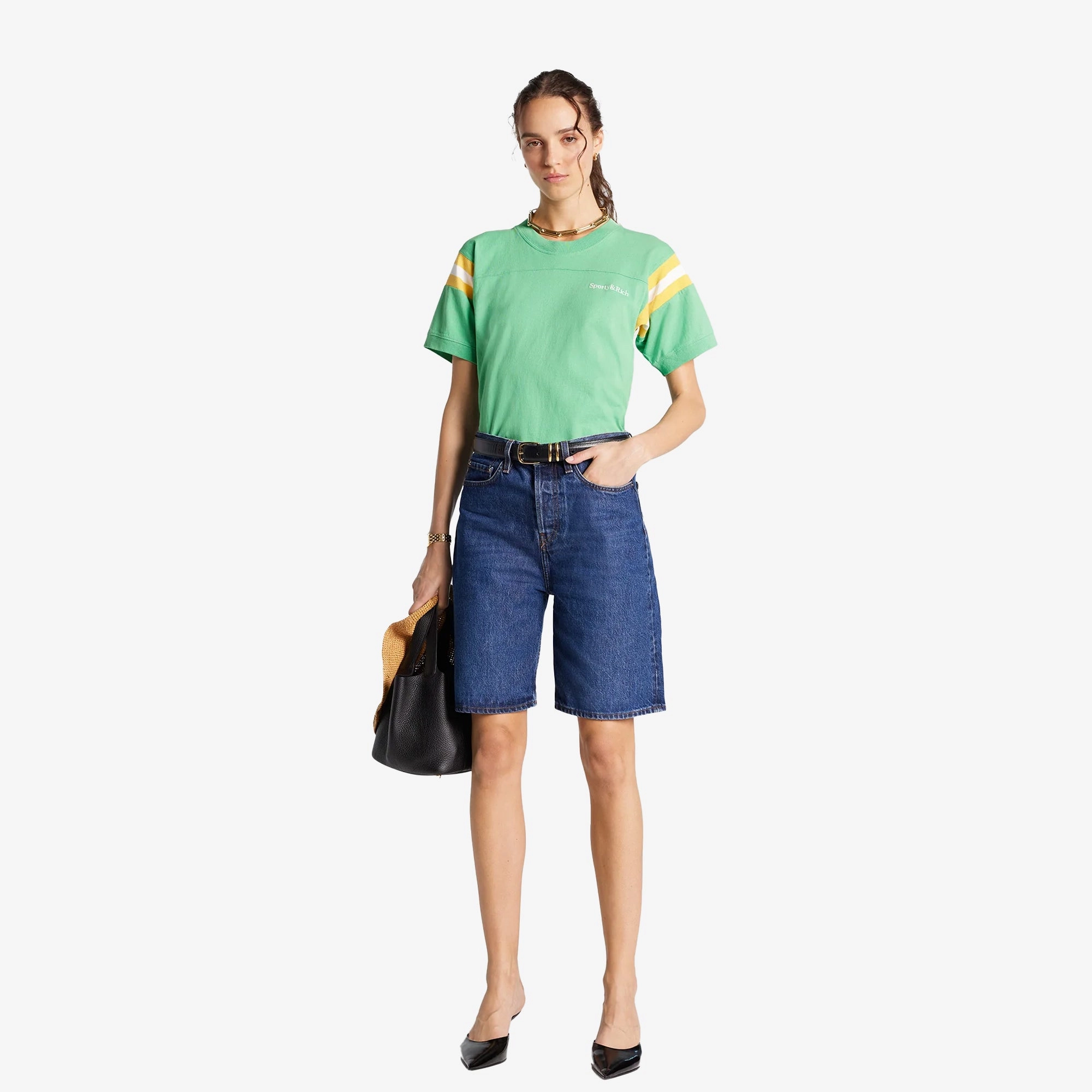 SPORTY & RICH | SERIF LOGO FOOTBALL TEE { VERDE/WHITE