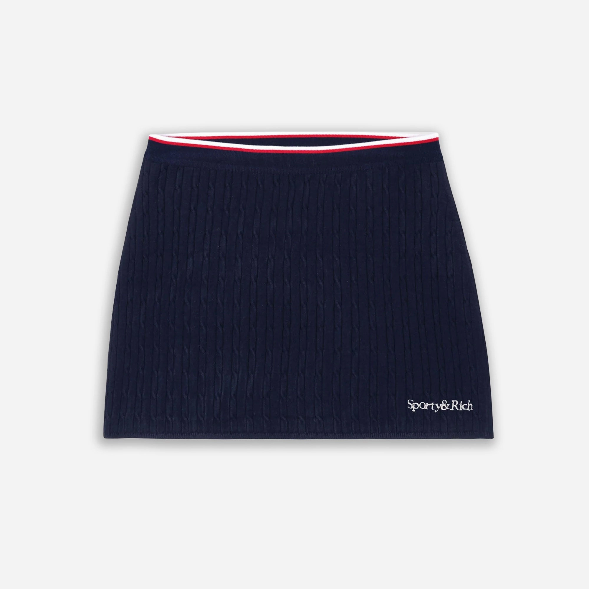 SPORTY & RICH | SERIF LOGO MINI CABLE SKIRT { NAVY
