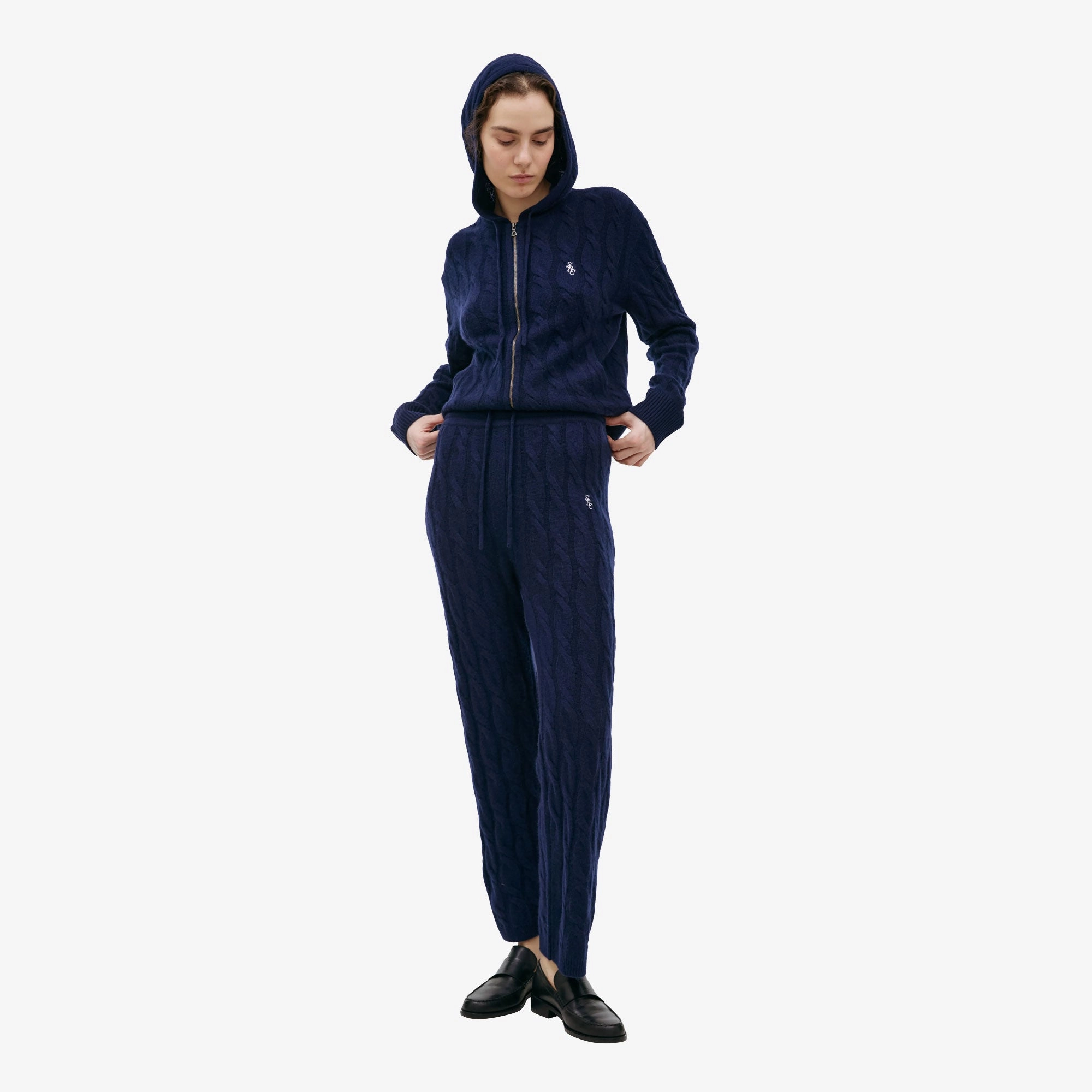 SPORTY & RICH | SRC CABLE-KNIT WOOL CASHMERE TROUSERS { NAVY