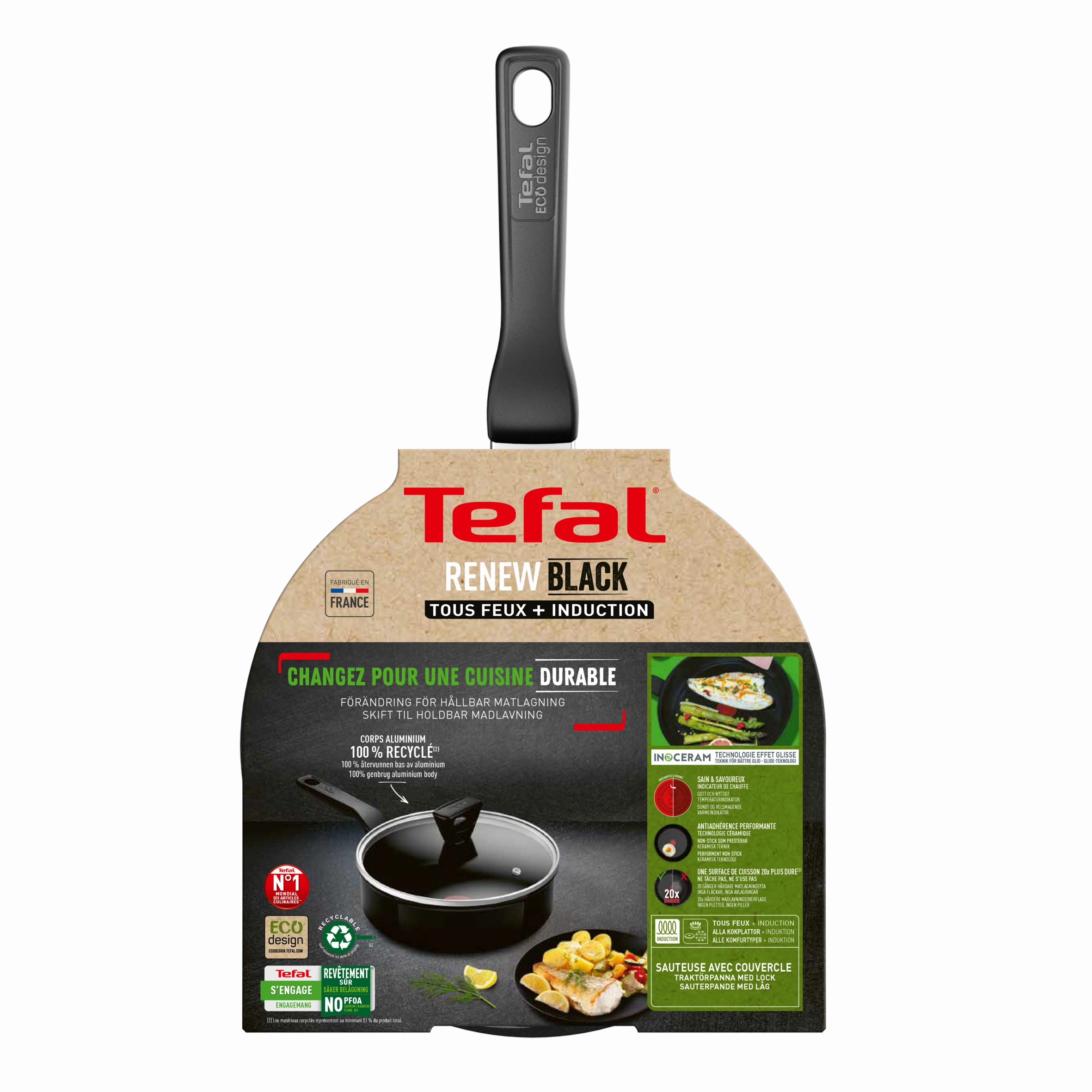 Tefal Renew Black Ceramic Sautepan   Lid 24cm - C4323223 - Ceramic Non-Stick Coating